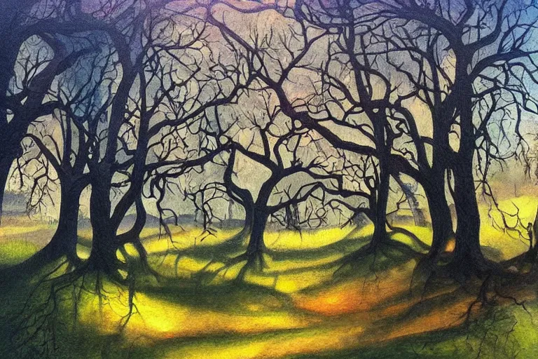 Image similar to masterpiece painting of oak trees on a hillside overlooking a creek, dramatic lighting, by kelly mckernan