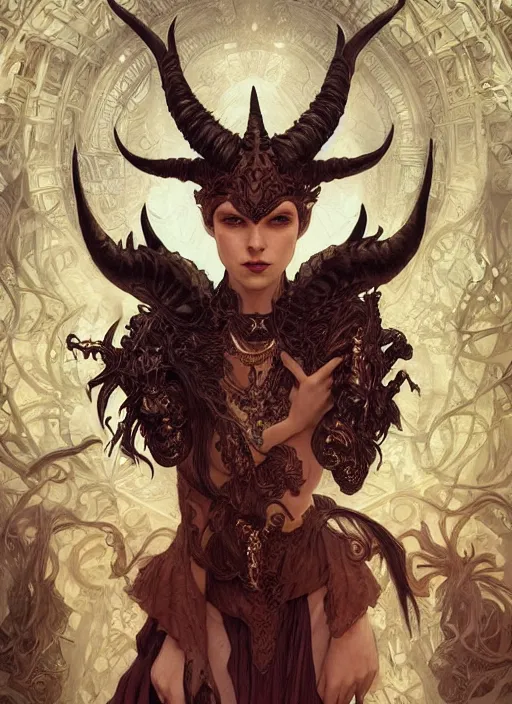 Image similar to a beautiful illustration of a satanic witch with horns in head holding a dragon, intricate, sharp focus, illustration, highly detailed, digital painting, concept art, matte, art by wlop and artgerm and greg rutkowski and alphonse mucha, masterpiece