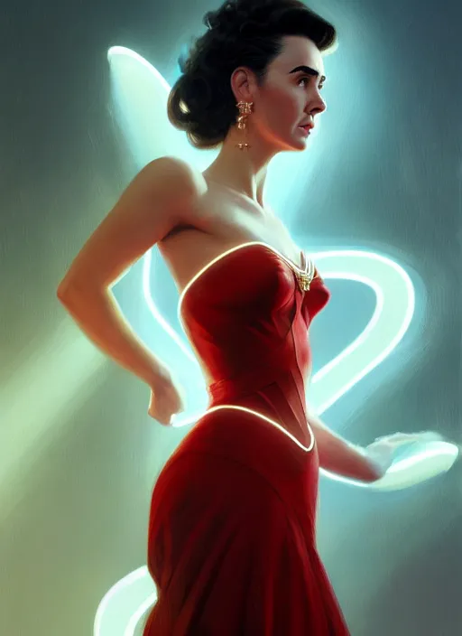 Image similar to portrait of 1 9 5 0 s darna, jennifer connelly, intricate, elegant, glowing lights, highly detailed, digital painting, artstation, glamor pose, concept art, smooth, sharp focus, illustration, art by wlop, mars ravelo and greg rutkowski