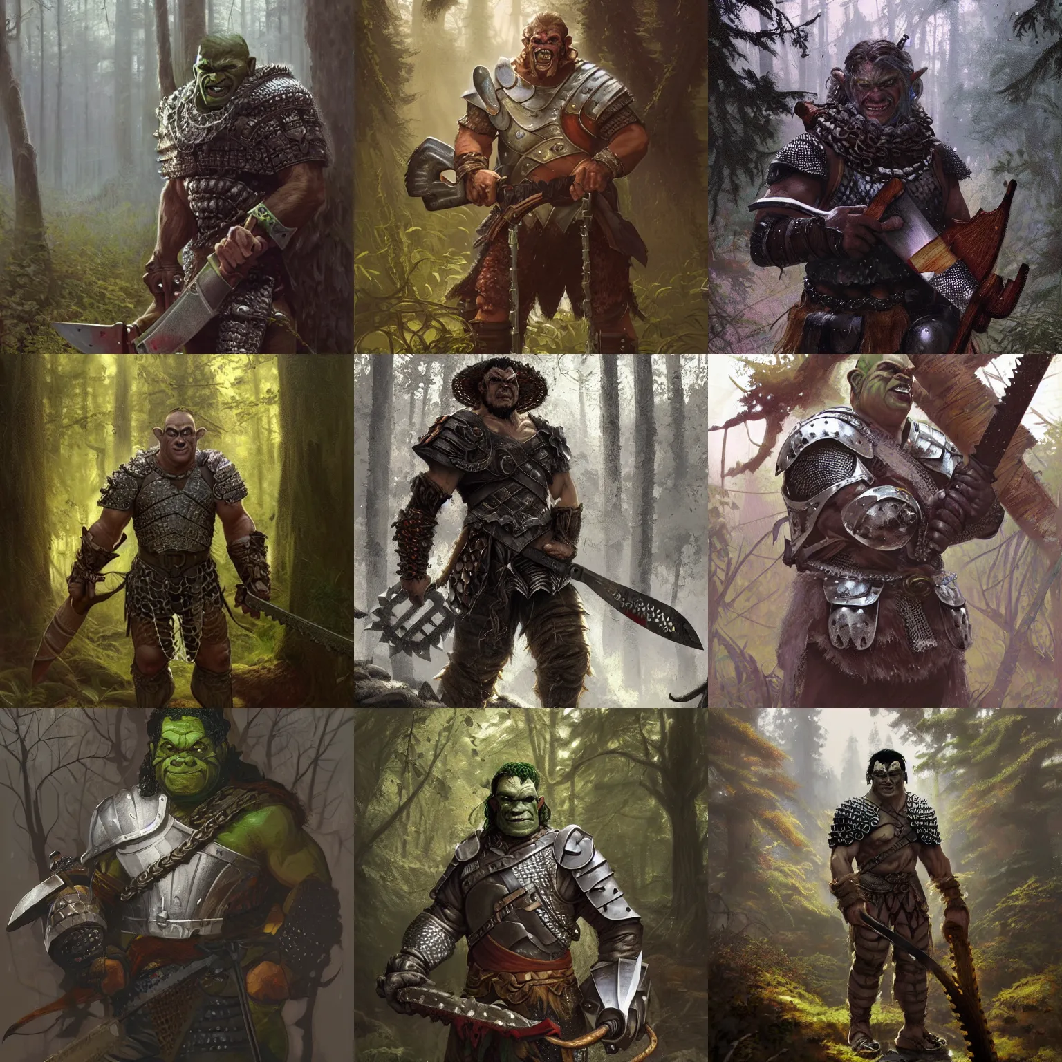 Prompt: portrait of a handsome half - orc fighter wearing chain mail armor holding a magical chainsaw in a forest, half body, fantasy, highly detailed, digital painting, artstation, concept art, character art, art by greg rutkowski and tyler jacobson and alphonse mucha