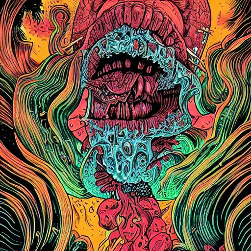 Image similar to head eating itself with long tongue and dark ink bombing from the eye, illustrated by Dan Mumford