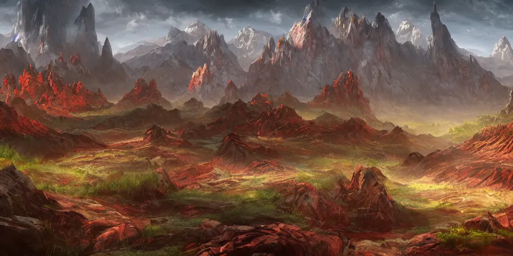 Prompt: The blood-soaked stone landscape with mountains in the background, Sci-Fi fantasy desktop wallpaper, painted, 4k, high detail, sharp focus