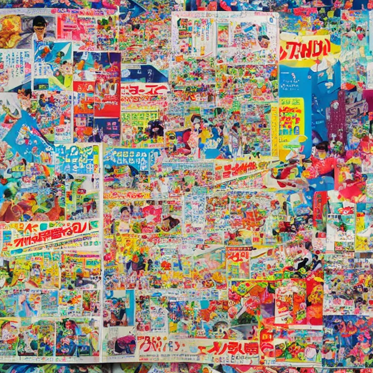 Prompt: an overwhelmingly detailed and colorful japanese magazine page of advertisements