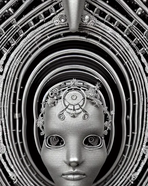 Image similar to mythical black and white organic bio-mechanical spinal ribbed profile face portrait detail of silver mechanical beautiful female angelic-queen-vegetal-cyborg, highly detailed, intricate steampunk flower and diamonds and gemstones ornate, poetic, 3D render, digital art, octane render, 8K artistic photography, photo-realistic, by Dora Maar