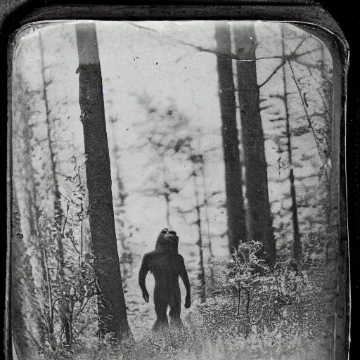 Image similar to 1 9 th century daguerreotype of the first sighting of bigfoot, black and white, horror, forest