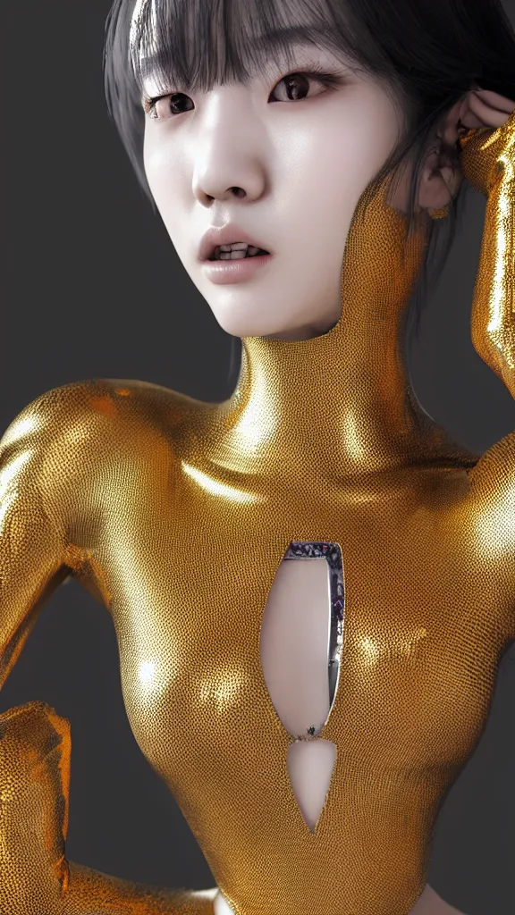 Image similar to korean female model face with silver mechanical exoskeleton body made of carbon fibre, ornate patterns and details, dynamic pose, mechanical part, glowing components, gold trimmings, bust, hyperdetailed, octane render, kpop