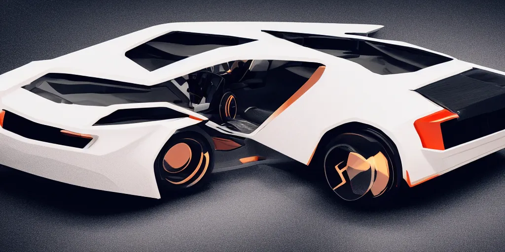 Image similar to a design of a futuristic DMC Delorian, designed by Polestar, blade runner background, back view, rose copper car paint with neon color accent detailing, black windows, sportscar, black show room, dramatic lighting, octane rendering, unreal engine rendering, hyper realistic render, depth of field, octane rendering