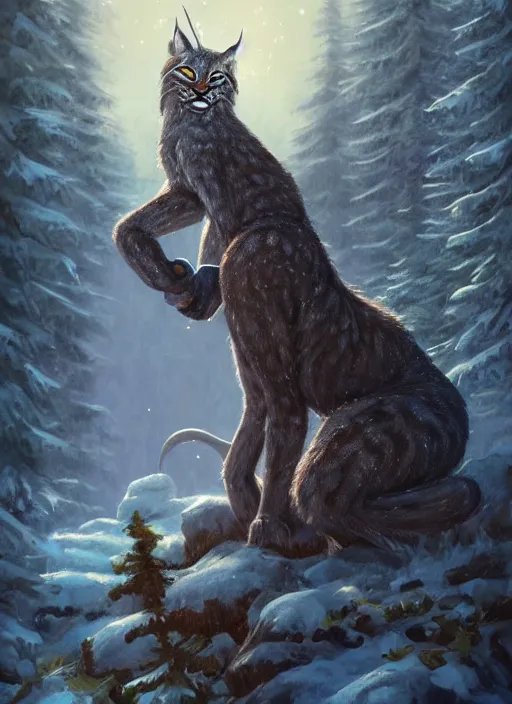 Prompt: anthropomorphic lynx holding a golden intricately decorated shiny scepter, night, spruce trees on the sides, mountains in the background, eerie dark atmosphere, moonlit, back light, fantasy art by charlie bowater and yoshitaka amano, trending on artstation