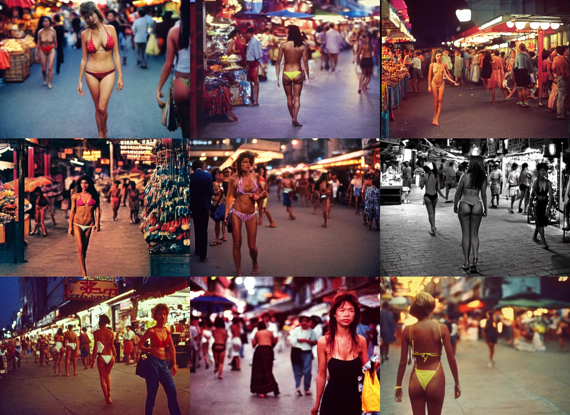 Prompt: color outdoor photograph portrait of a woman in bikini walking on the market district, many people, night, summer, dramatic lighting, 1 9 9 0 photo from live magazine.