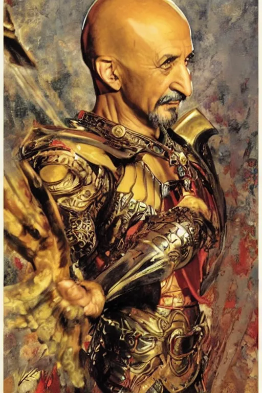 Image similar to ben kingsley as ming the merciless, painted by jack kirby, lawrence alma tadema, norman rockwell, greg staples, wayne barlow, neville page