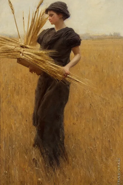 Image similar to Solomon Joseph Solomon and Richard Schmid and Jeremy Lipking painting full length portrait painting of a young woman carrying a sheaf of wheat