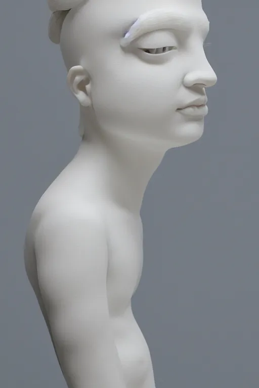 Prompt: full head and shoulders, beautiful female porcelain sculpture by daniel arsham and raoul marks, smooth, all white features on a white background, delicate facial features, white eyes, white lashes, the heads are twisted around geometrically