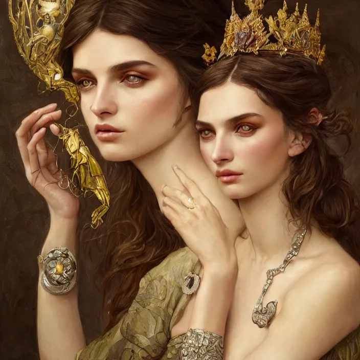 Prompt: ancient queen emily ratajkowski, diffuse lighting, fantasy, intricate, elegant, highly detailed, lifelike, photorealistic, digital painting, artstation, illustration, concept art, smooth, sharp focus, art by john collier and albert aublet and krenz cushart and artem demura and alphonse mucha