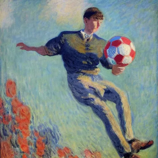 Prompt: monet painting of a skinny man playing warzone on an oversized computer, a soccer ball flying towards him from behind, highly detailed, realistic,