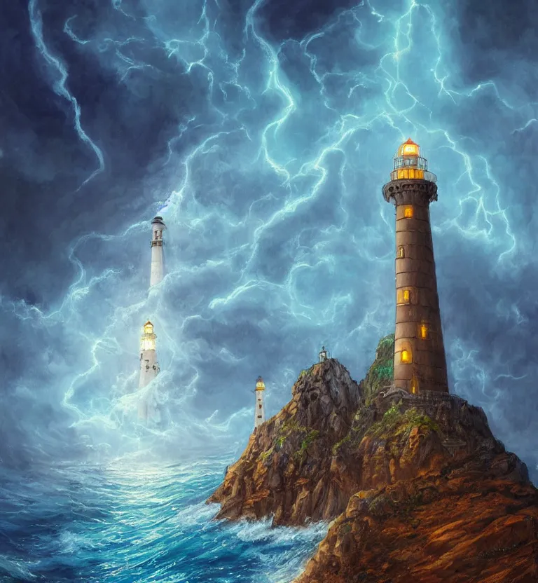 Prompt: medieval fantasy artwork. cliff with an ancient lighthouse on top. the lighthouse is enveloped by a column of blue swirling light. the sea at the bottom of the cliff ( rough sea ).