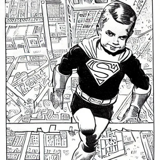 Prompt: a cute little boy with a mischievous face and ginger hair. he is dressed as a superhero. well composed, clean elegant painting, beautiful detailed face. comic book art by steve ditko and jack kirby