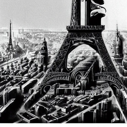 Image similar to The city of Paris, France during WW3 (2103), very detailed, cinematic, epic, grandiose, art by HG Giger