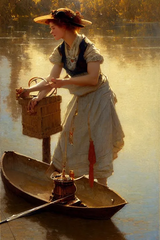 Prompt: fishing maid, highly detailed painting by gaston bussiere, craig mullins, j. c. leyendecker 8 k