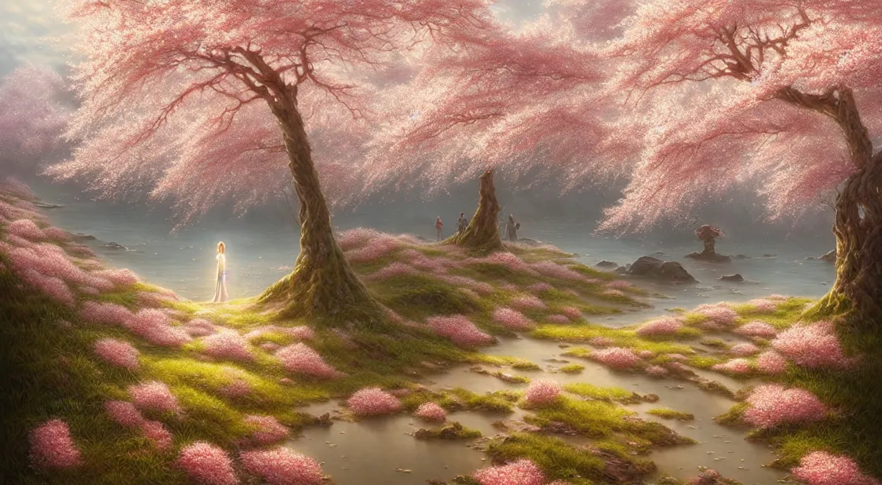 Image similar to A field of cherry blossoms on an oceanfront, fine art, awesome fantasy book cover on Pinterest, award winning, fantasy forest landscape, fantasy magic, dark golden light night, intricate, elegant, sharp focus, illustration, highly detailed, digital painting, concept art, matte, art by WLOP and Artgerm and Greg Rutkowski, masterpiece, trending on artstation
