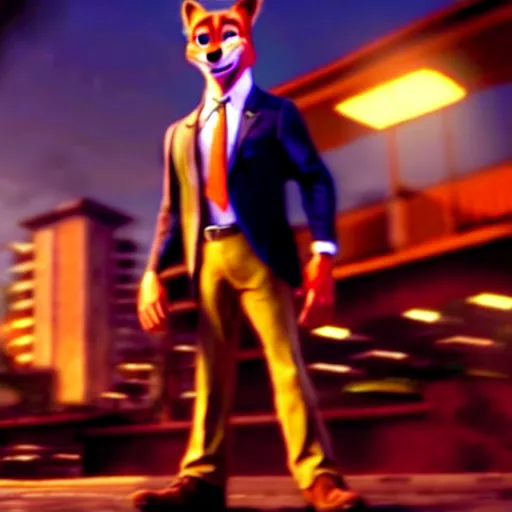 Image similar to nick wilde as max payne in max payne 3 set in gritty neo - noir zootopia, favela level