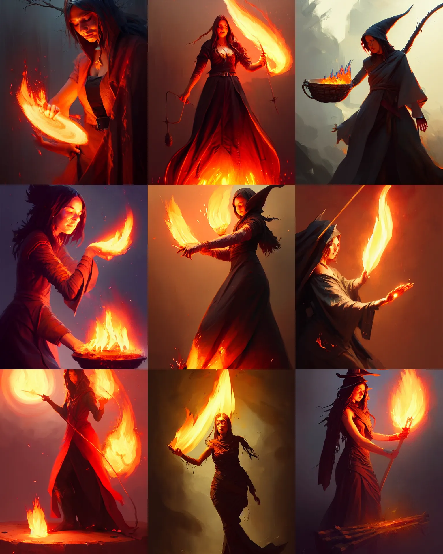 Prompt: an experienced witch casting fire magic, by greg rutkowski, highly detailed, digital painting, concept art, sharp focus, illustration, trending on artstation, pixiv, illustration