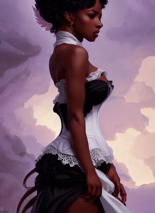 Image similar to cute black woman wearing a white corset dress, fantasy, intricate, highly detailed, digital painting, artstation, concept art, wallpaper, smooth, sharp focus, illustration, art by artgerm and greg rutkowski and alphonse mucha