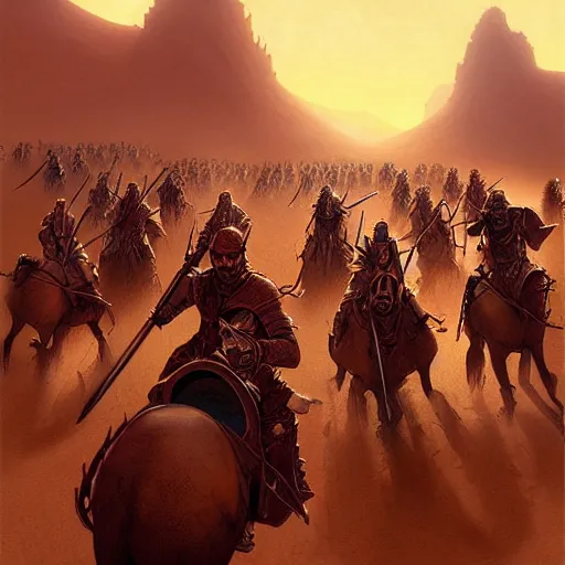 Image similar to crusaders charging across the desert sand by marc simonetti,
