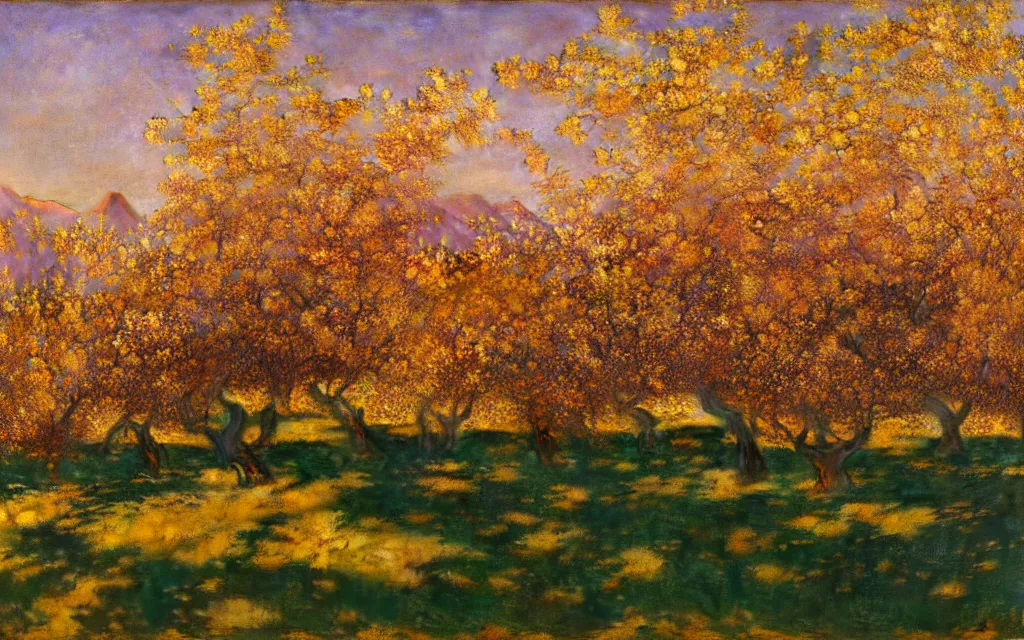 Image similar to a beautiful orchard in full bloom, golden hour, by lovell birge harrison and nicholas roerich and maxfield parrish and jean deville and annie swynnerton, dramatic lighting, distant mountains