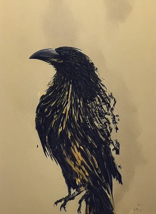 Image similar to crow shape, award - winning painting, abstract, gold and silver colors,, elegant, luxurious, beautiful, lovecraftian, beksinksi, chiaroscuro