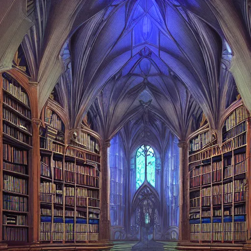 Prompt: fantasy library, high arched ceiling, magical glow, neo - gothic architecture, digital art, trending on artstation, 4 k