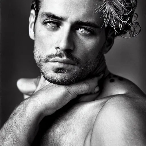 Image similar to a beautiful professional photograph by herb ritts and ellen von unwerth for vogue magazine of a handsome and rugged man looking at the camera with an ambiguous gaze, zeiss 5 0 mm f 1. 8 lens