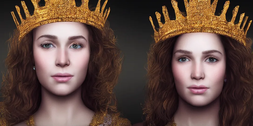 Image similar to realistic portrait of the future queen with golden crowns and pretty eyes, ultra realistic, 8k