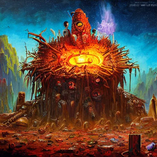 Image similar to extraterrestrial funeral pyre on ancient post - apocalyptic planet, jim henson creature shop, vivid and colorful, thomas kincaid, cinematic, oil painting, highly detailed, illustration