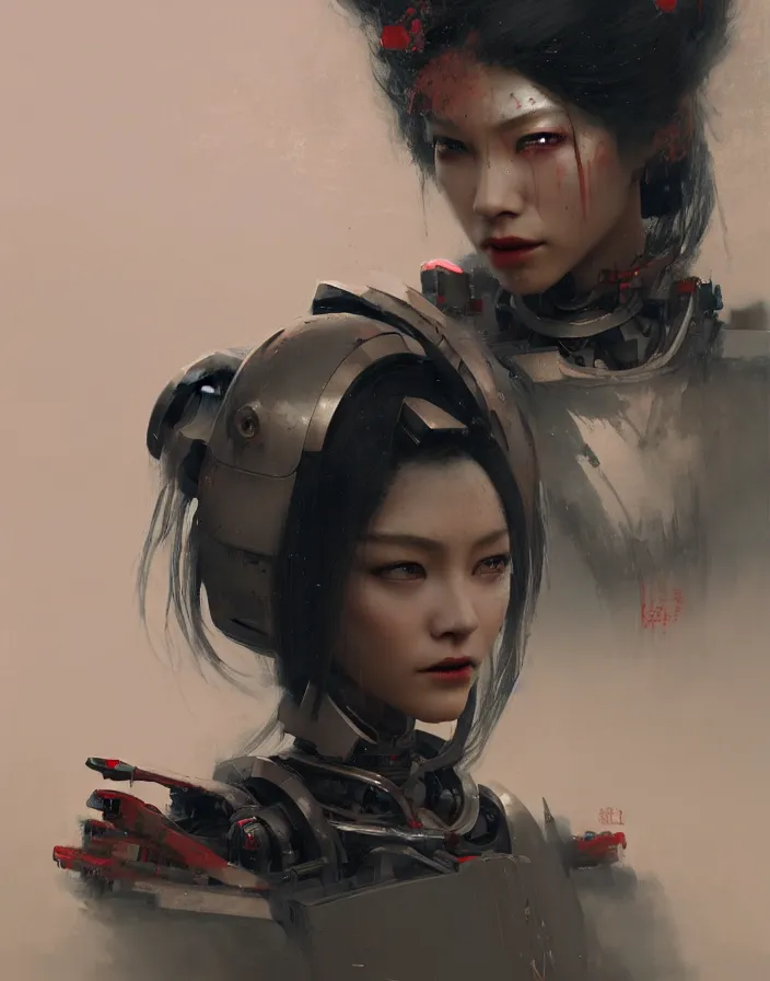 Image similar to portrait of a geisha robot by greg rutkowski and ruan jia, mecha, washed colors, dark, gloomy, matte painting, unreal engine 5