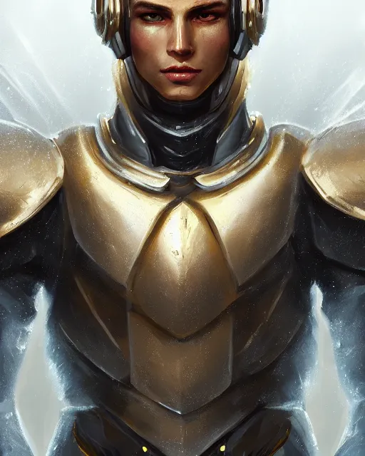 Image similar to portrait of handsome guy in cyber armor, dreamy and ethereal, expressive pose, gold eyes, exciting expression, fantasy, intricate, elegant, many lightning, cold color, highly detailed, digital painting, artstation, concept art, cyberpunk wearing, smooth, sharp focus, led, illustration.