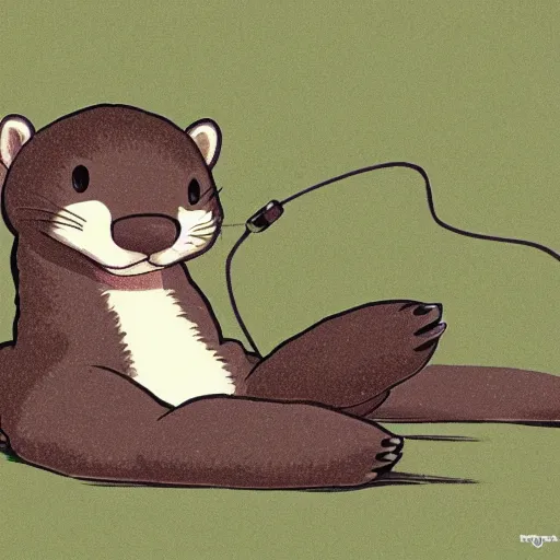 Image similar to otter with a headphone overears in the style of ghibli animations