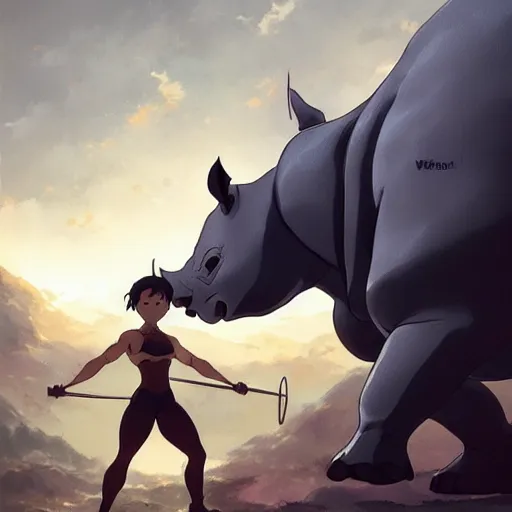 Image similar to a strong rhino at the gym, illustration concept art anime key visual trending pixiv fanbox by wlop and greg rutkowski and makoto shinkai and studio ghibli and kyoto animation symmetrical facial features