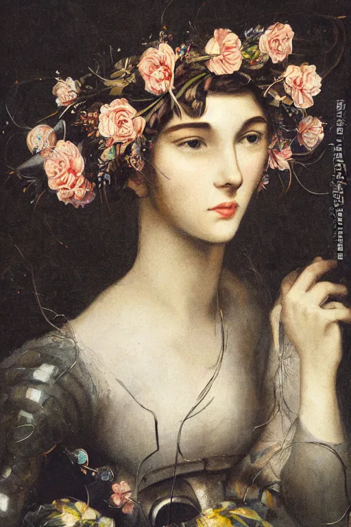 Image similar to close-up portrait of a beautiful young cyborg woman with a big flower crown, Honoré Beaumier lithography