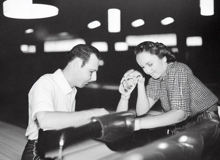 Image similar to a 35mm photograph of a man and a woman at a bowling alley in the 1950's at sunset, bokeh, Canon 50mm, cinematic lighting, photography, retro, film, Kodachrome