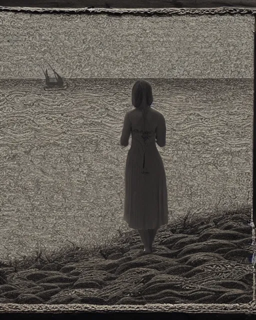 Image similar to a woman standing at the shore, made of intricate decorative lace leaf skeleton, in the style of the dutch masters and gregory crewdson, dark and moody