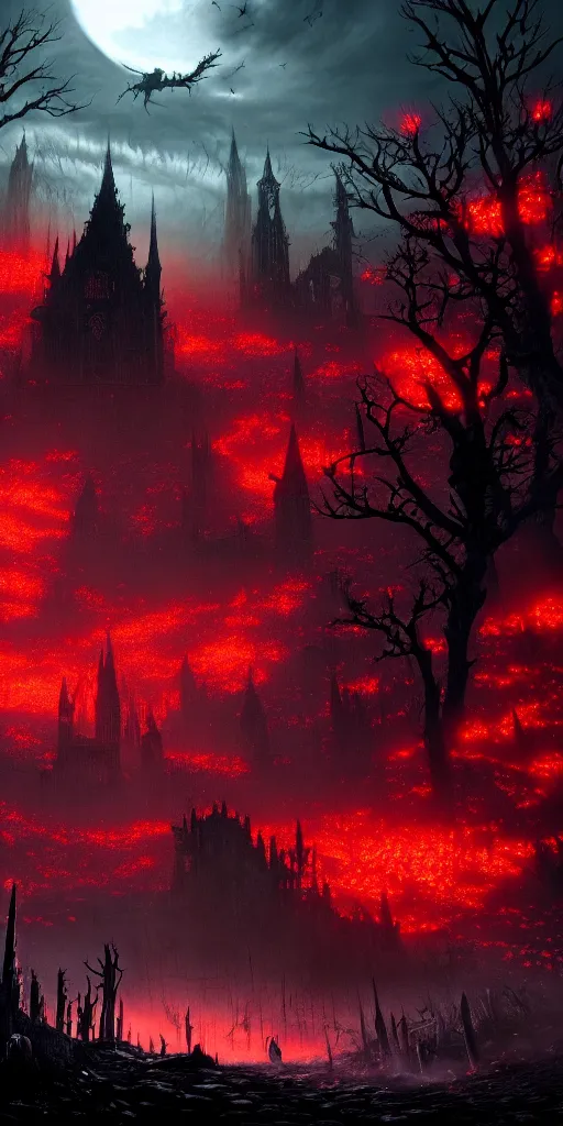 Prompt: populated bloodborne old valley with a dark person at the centre and a ruined gothic city in the background, trees and stars in the background, falling red petals, epic red - orange moonlight, perfect lightning, wallpaper illustration by niko delort and kentaro miura, 4 k, ultra realistic, upscaled