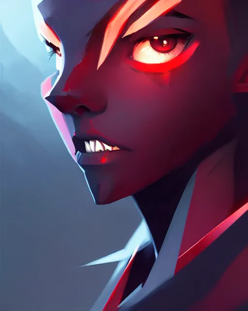 Image similar to sharp hq rendering, dark vampire, character portrait, concept art, painterly, fanart, highly detailed in the style of overwatch by ilya kuvshinov, wenjun lin, angular geometric symmetrical design