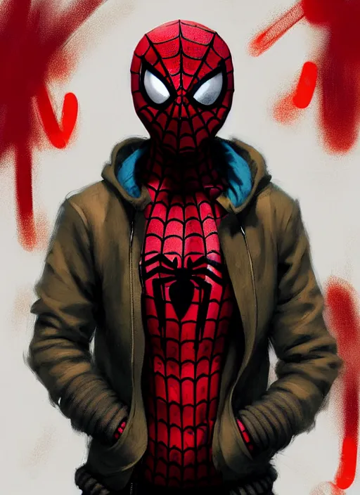 Image similar to highly detailed portrait of a sewer spiderman, tartan hoody, ringlet hair by atey ghailan, by greg rutkowski, by greg tocchini, by james gilleard, by joe fenton, by kaethe butcher, gradient red, brown, cream and white color scheme, grunge aesthetic!!! ( ( graffiti tag wall background ) )