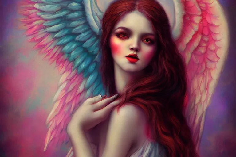 Image similar to pretty angel girl with wings photograph in the style of tom bagshaw, colorful, realistic, 8 k