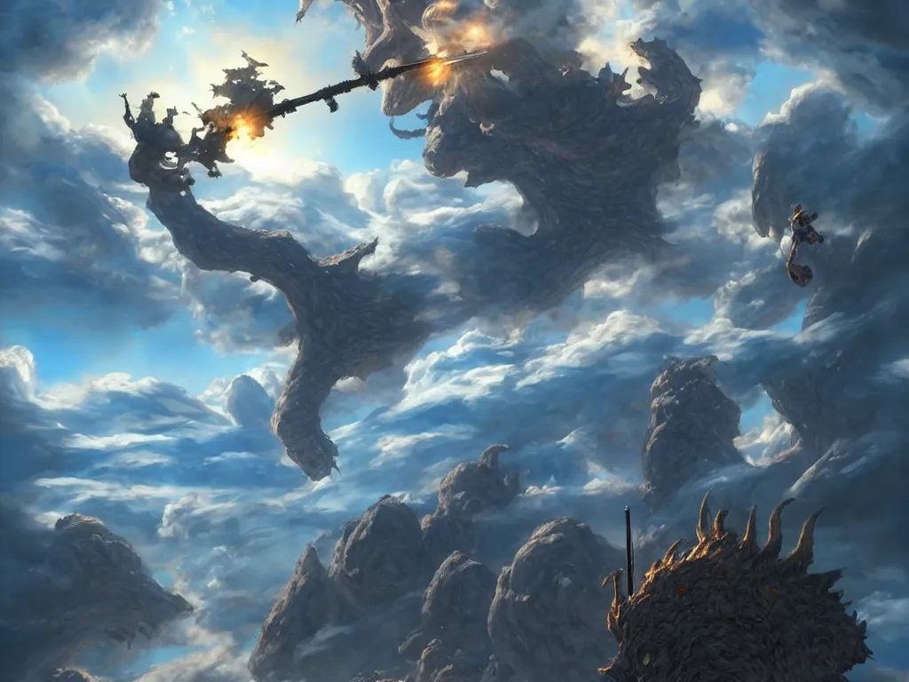 Image similar to great big giants swinging the weapons to the drop of a clouds from sky. fantasy, highlight scene of the movie, high quality, highly detailed 8 k, unreal engine 5, scene of myth, art by hiroaki samura and jiro matsumoto and yao wang from artstation