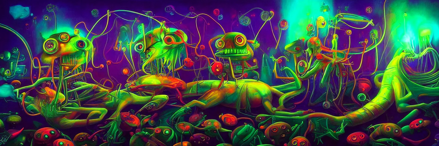 Image similar to strange plankton creatures from the depths of the collective unconscious, dramatic lighting, surreal darkly colorful painting by ronny khalil