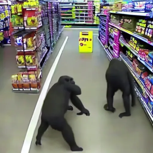 Image similar to cctv footage of gorilla in walmart, high angle security camera feed,