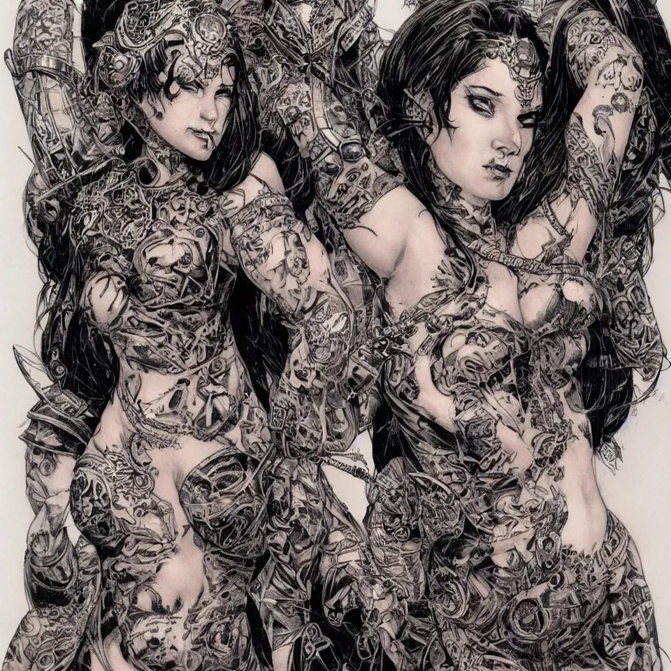 Image similar to a beautiful portrait of a woman with many tattoos, in ornate armor, Travis Charest style