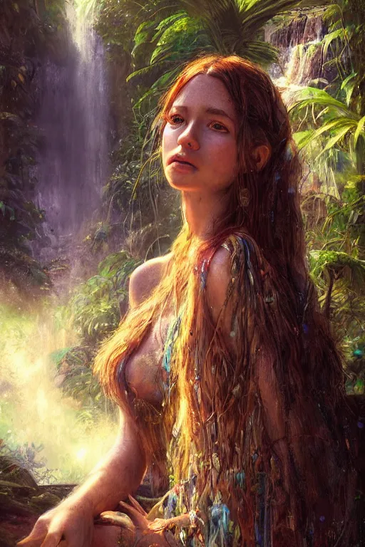 Prompt: portrait of bohemian girl in the jungle by a waterfall, staring directly into camera, intricate, elegant, glowing lights, highly detailed, digital painting, artstation, sharp focus, illustration, art by wlop, mars ravelo and greg rutkowski