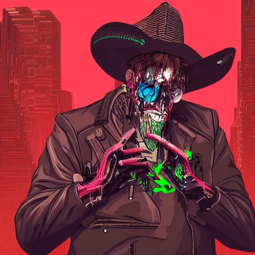 Image similar to album art of a cyberpunk undead cowboy